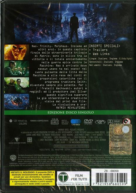 Matrix Revolutions di Andy Wachowski,Larry Wachowski - DVD - 2