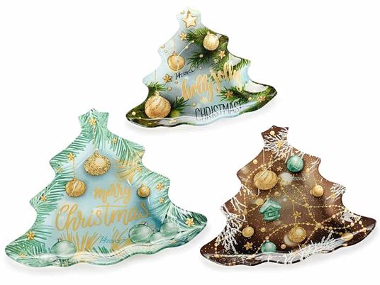Set 6 Piatti Natalizi a Forma di Albero di Natale in Vetro Decorato Idea Regalo Natale