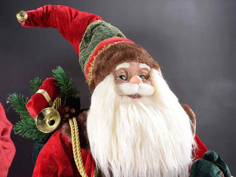 Babbo Natale decorativo con abito rosso effetto velluto sacco e calza doni allestimento per vetrine - 2
