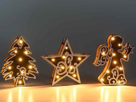 Decorazioni Natalizie da Tavolo in Legno con Luci Led Set 3 Decorazioni Angelo Albero e Stella di Natale da appoggiare Idea Regalo - 2