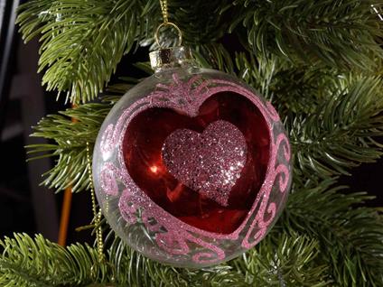 Palline di Natale in Vetro Trasparente con Cuore Rosso Glitterato Decorazioni da Appendere per l''Albero e la Casa Set 12 Pezzi Idea Regalo