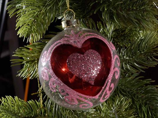 Palline di Natale in Vetro Trasparente con Cuore Rosso Glitterato Decorazioni da Appendere per l''Albero e la Casa Set 12 Pezzi Idea Regalo