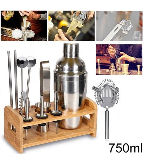 Kit Per Cocktail Barman Bartender Shaker Mixer Acciaio 750ml Supporto In Legno