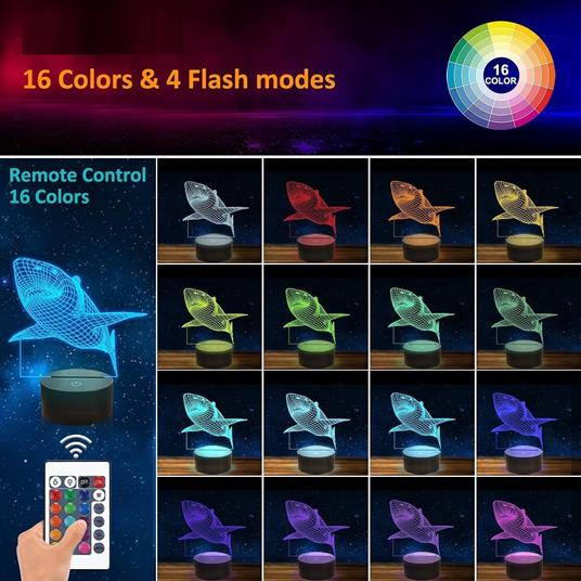 Lampada 3d Illusion Lampada Led Effetto 3d Tridimensionale Squalo Shark con Telecomando Luce Notturna - 2