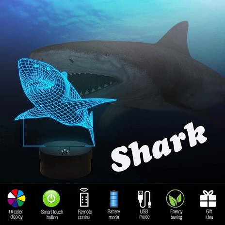 Lampada 3d Illusion Lampada Led Effetto 3d Tridimensionale Squalo Shark con Telecomando Luce Notturna - 4