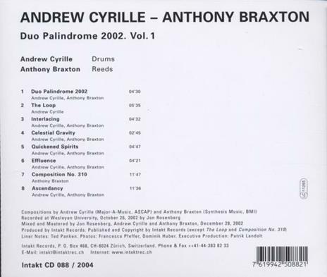 Palindrome 2002 vol. 1 - CD Audio di Anthony Braxton,Andrew Cyrille - 2