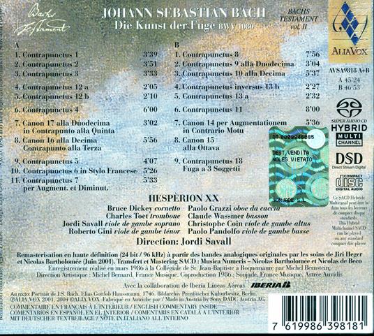 L'arte della fuga (Die Kunst der Fugue) - SuperAudio CD ibrido di Johann Sebastian Bach,Jordi Savall,Hespèrion XX - 2