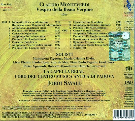 Vespro della Beata Vergine - SuperAudio CD ibrido di Claudio Monteverdi,Jordi Savall,Montserrat Figueras,Maria Cristina Kiehr,Capella Reial de Catalunya - 2
