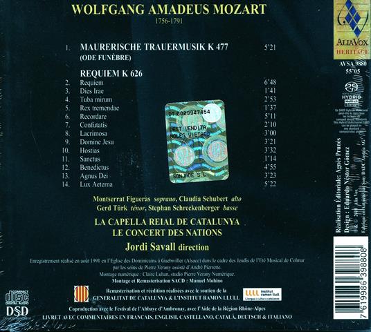 Requiem - Musica funebre massonica - SuperAudio CD ibrido di Wolfgang Amadeus Mozart,Jordi Savall,Montserrat Figueras,Le Concert des Nations,Capella Reial de Catalunya - 2