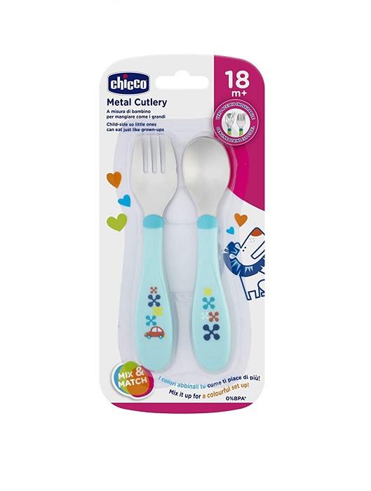 Chicco Set di posate in acciaio Inox 18 M+ colore Azzurro