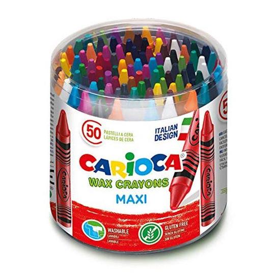 Carioca Pastelli Maxi Wax Set Pastelli a Cera Lavabili con Corpo e Punta Maxi per Bambini, Colori Assortiti, 50 Pezzi