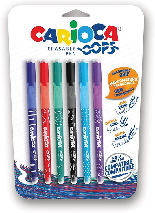 CARIOCA Oops Penne Colorate| Set Penne Cancellabili Ricaricabili per Scuola  e Ufficio con Cappuccio, Doppia Gomma e Impugnatura Ergonomica, Colori