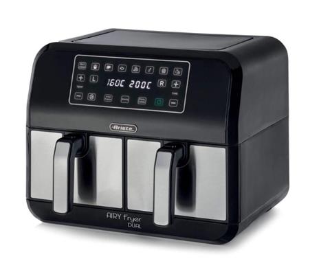 Ariete 4624 Airy Fryer Dua Metal, Friggitrice ad aria con doppio cestello, 1700 W, Capacità 8L, 3 Funzioni di cottura, Pannello digitale LED Touch, 8 programmi preimpostati, Timer, 2 cestelli, Nero