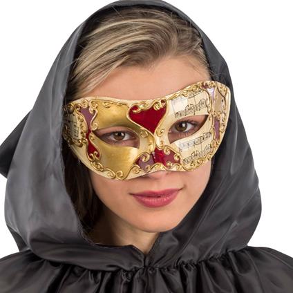 Maschera Veneziana In Plastica con Dec.Oro E Rosse Su Cartoncino
