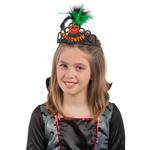 Coroncina Halloween In Plastica Nera con Dec.Arancioni Rifrangenti E Piume Su Cartoncino