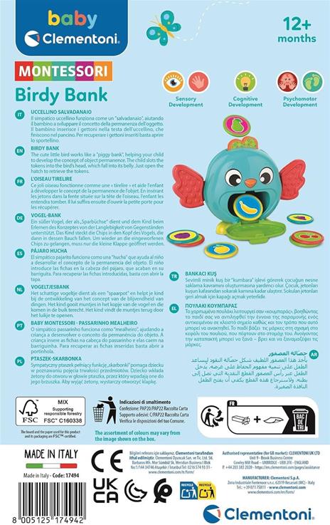 Clementoni Baby Montessori - Birdy Bank, Gioco Prima Infanzia per Bambini 12+ Mesi, Salvadanaio con Gettoni - 3