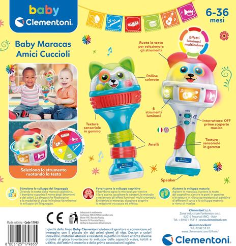 Clementoni Baby Baby Maracas Amici Cuccioli, Sonagli Interattivo Bambini 6-36 Mesi, con Palline, Effetti Sonori e Melodie - 3