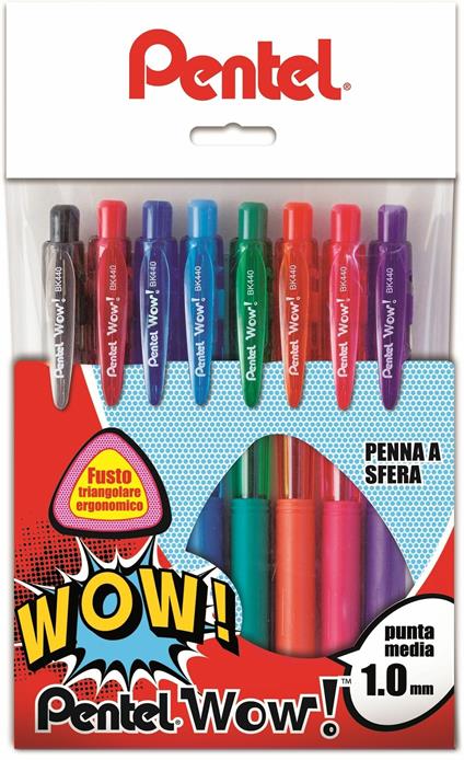 Penna a sfera a scatto Pentel Wow BK440 punta media 1.0. Confezione 8 colori assortiti