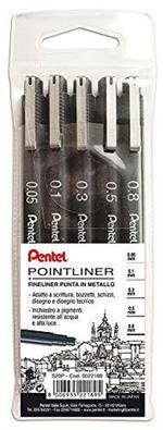 Pentel S20P Pointliner, fineliner nero taschina 5 pz (punta 0,05 0,1 0,3 0,5 0,8 mm)