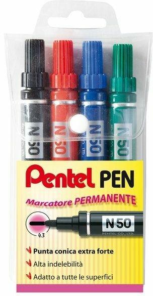 Marcatore permanente Pentel N50 punta tonda 4,3 mm. Confezione 4 colori assortiti