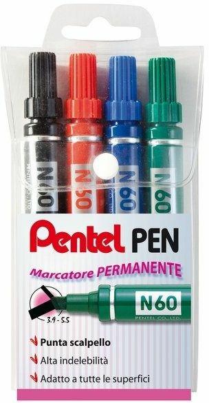 Marcatore permanente Pentel N60 punta a scalpello 3,9-5,5 mm. Confezione 4 colori assortiti