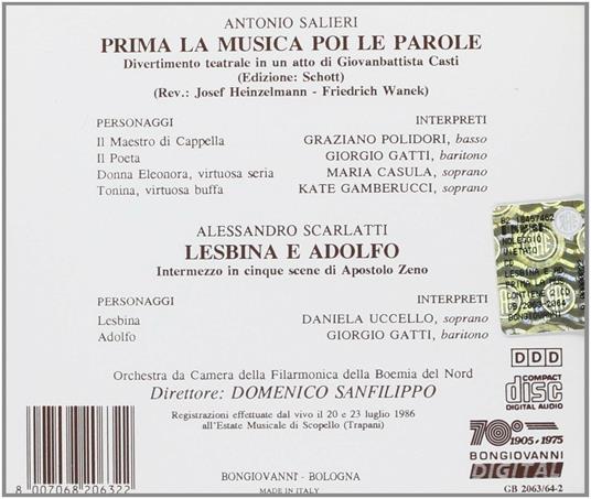 Prima la musica poi le parole / Lesbina e Adolfo - CD Audio di Alessandro Scarlatti,Antonio Salieri - 2