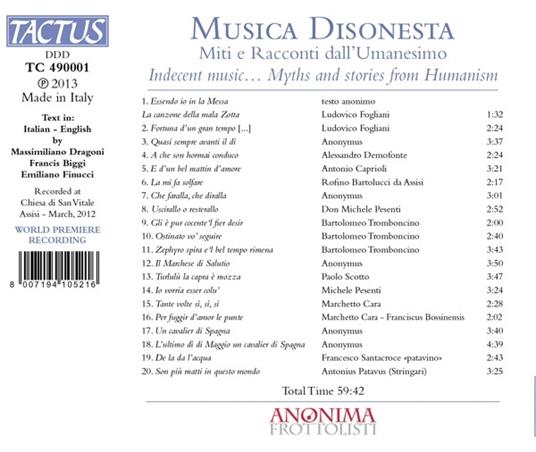 Musica disonesta. Miti e racconti dell'Umanesimo - CD Audio di Anonima Frottolisti - 2