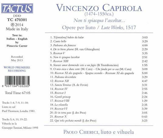 Non ti spiacqua l'ascoltar... Opere per liuto - CD Audio di Paolo Chierici - 2