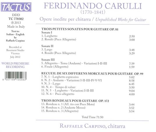 Opere inedite per chitarra - CD Audio di Ferdinando Carulli,Raffaele Carpino - 2