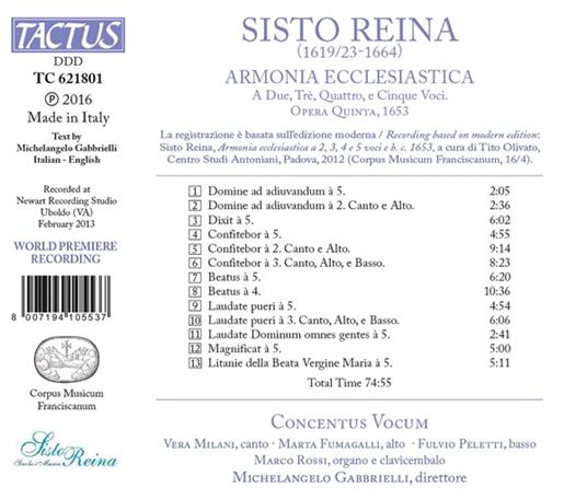 Armonia ecclesiastica. Opera quinta 1653 - CD Audio di Concentus Vocum,Sisto Reina - 2