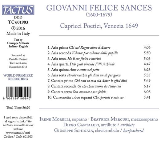 Capricci poetici - CD Audio di Giovanni Felice Sances,Irene Morelli,Beatrice Mercuri - 2