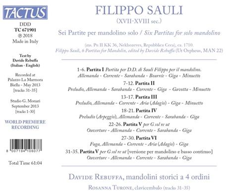 Sei partite per mandolino solo - CD Audio di Filippo Sauli,Davide Rebuffa - 2