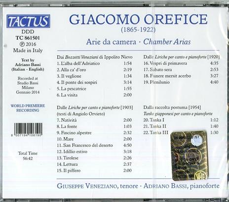 Arie da camera - CD Audio di Giacomo Orefice,Giuseppe Veneziano - 2