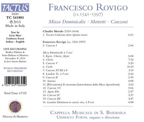 Missa Dominicalis - Mottetti - Canzoni - CD Audio di Francesco Rovigo,Cappella Musicale di Santa Barbara - 2