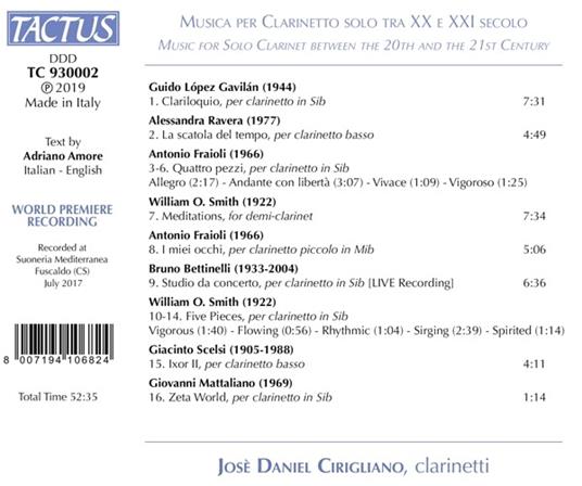 Musica per clarinetto solo tra XX e XXI secolo - CD Audio di Josè Daniel Cirigliano - 2