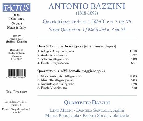 Quartetti per archi n.1, n.3 - CD Audio di Antonio Bazzini,Quartetto Bazzini - 2