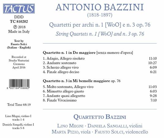 Quartetti per archi n.1, n.3 - CD Audio di Antonio Bazzini,Quartetto Bazzini - 2