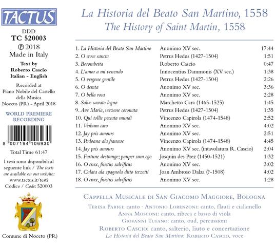 La historia del Beato San Martino, 1558 - CD Audio di Cappella Musicale di San Giacomo Maggiore in Bologna - 2