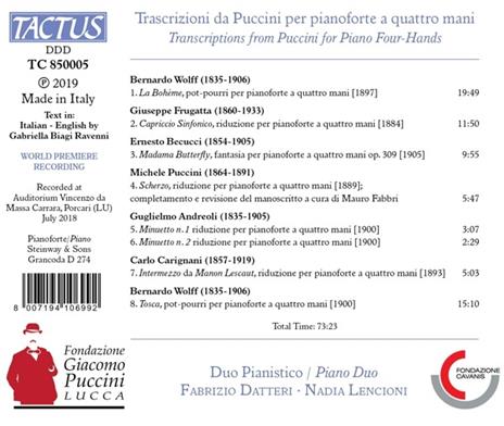 Trascrizioni da Puccini per pianoforte a quattro mani - CD Audio di Fabrizio Latterini,Nadia Lencioni - 2