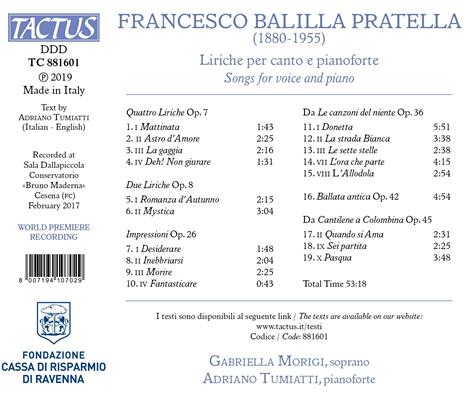 Songs for Voice and Piano - CD Audio di Francesco Balilla Pratella,Gabriella Morigi - 2