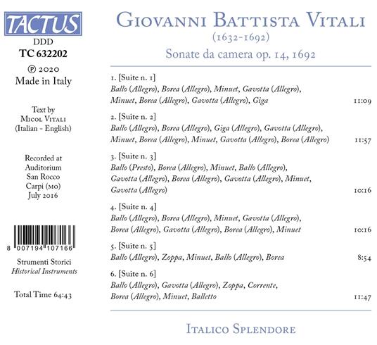Sonate da camera op.14, 1692 - CD Audio di Giovanni Battista Vitali,Italico Splendore - 2