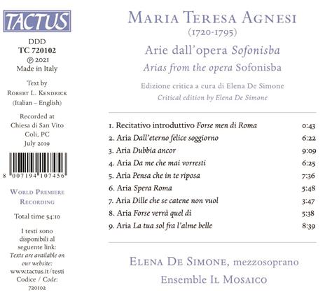 Arias from the Opera "Sofonisba" - CD Audio di Elena de Simone,Maria Teresa Agnesi - 2