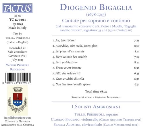 Cantate per Soprano e Continuo - CD Audio di Solisti Ambrosiani,Diogenio Bigaglia - 2
