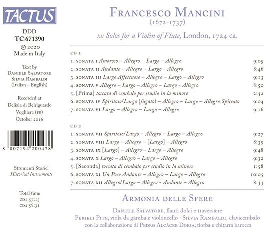 XII Solos for a Violin of Flute - CD Audio di Francesco Mancini,Armonia delle Sfere - 2