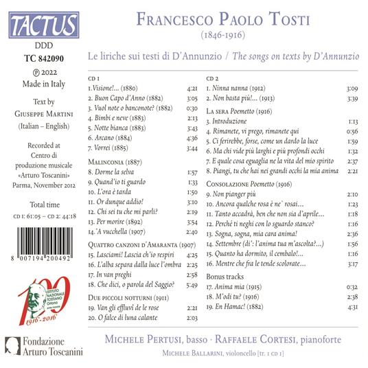 Le Liriche Sui Testi Di D'Annunzio - CD Audio di Francesco Paolo Tosti,Michele Pertusi - 2