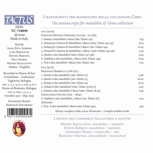 I Manoscritti per Mandolino della Collezione Gimo - CD Audio di Emanuele Barbella,Giovanni Battista Gervasio - 2