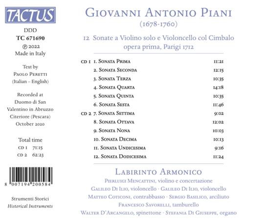12 Sonate a Violino Solo e Violoncello col Cimbalo - CD Audio di Labirinto Armonico - 2