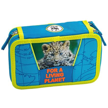 Astuccio accessoriato 3 zip WWF Adventure Leopardo. Azzurro. Con penna Frixion