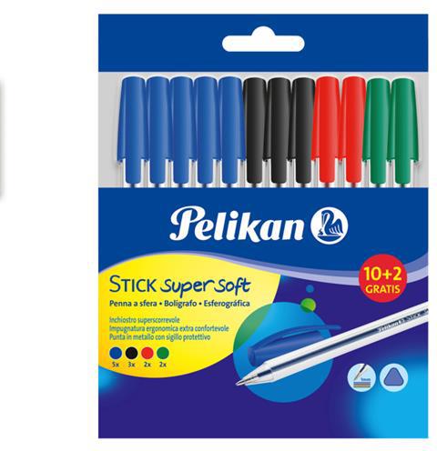 Penna a sfera Pelikan Stick Supersoft con inchiostro superscorrevole. Confezione 12 pezzi (10+2 omaggio)