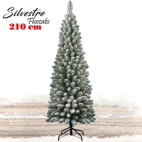 Albero Di Natale 210 Cm Silvestre Innevato Slim 442 Rami Super Folto Base Croce